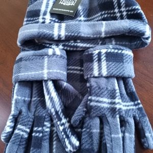 Nollia Womens Grey Fleece Plaid Scarf Gloves Hat Set